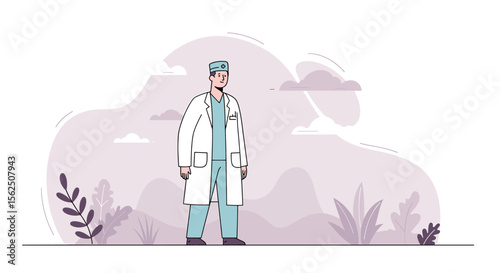 a doctor in a white coat and hat standing in a natural setting with plants and clouds in the background. Suitable for landing page, banner, marketing, web design, presentation, infographic, etc.