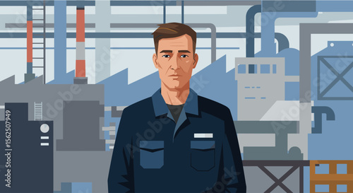 a man in a blue work uniform standing in front of a backdrop of industrial equipment and structures. Suitable for landing page, banner, marketing, web design, presentation, infographic, etc.