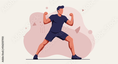 An energetic illustration showcases a fit man in activewear, flexing his muscles with a determined expression, perfect for fitness, health, and wellness marketing campaigns.