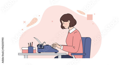 An illustration depicts a woman sitting at a desk, typing on a vintage typewriter, with a light pink background, representing creative writing.