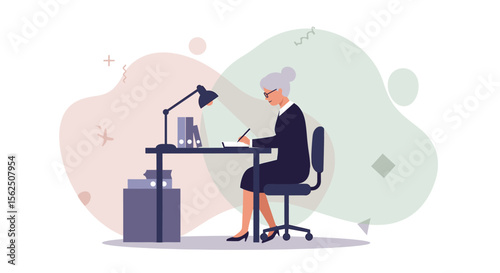 an elderly woman sitting at a desk, writing with a pen, with a lamp and bookshelves in the background. Suitable for landing page, banner, marketing, web design, presentation, infographic, etc.