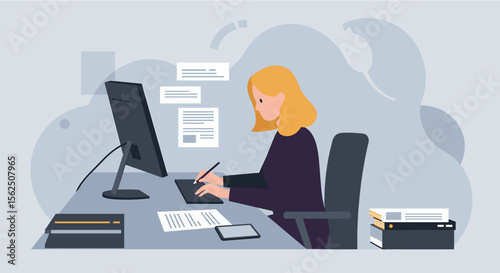A young woman diligently works at her desk, utilizing a computer and graphic tablet in a bright, modern office setting, focused on her design project.