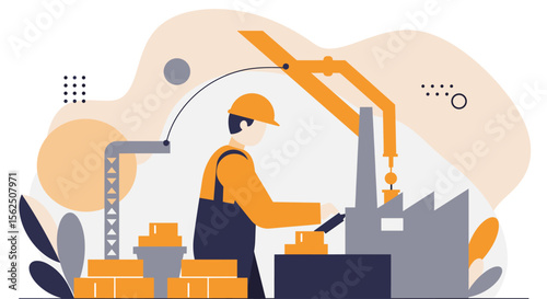 Industrial worker in hard hat operating machinery at factory with crane and building materials, symbolizing construction and manufacturing processes.