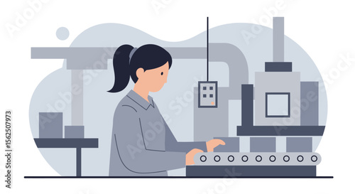 A young female factory worker operates a modern assembly line, carefully monitoring the production process and ensuring quality control in a clean, efficient industrial setting.