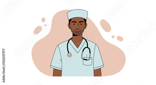 a man dressed in a medical uniform, including a cap and a stethoscope around his neck. Suitable for landing page, banner, marketing, web design, presentation, infographic, etc.