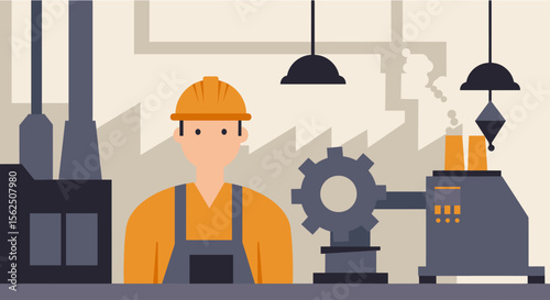 A factory worker in a hard hat stands in front of industrial machinery and production lines, representing manufacturing and labor.