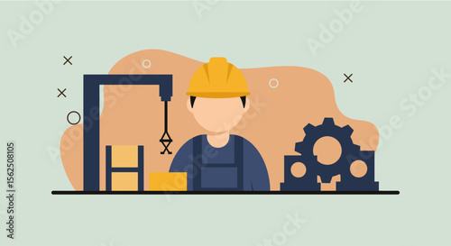 A vibrant flat design illustration showcases a factory worker in a yellow hardhat overseeing the automated production line, suitable for web design and marketing banners.