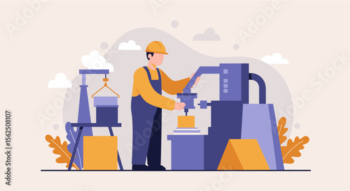 A skilled worker operates a complex machine in a modern factory setting, showcasing industrial automation and precision engineering in a clean, stylized vector illustration.