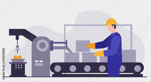 a worker in blue overalls and a yellow hard hat operating a machine that packages items on a conveyor belt. Suitable for landing page, banner, marketing, web design, presentation, infographic, etc.