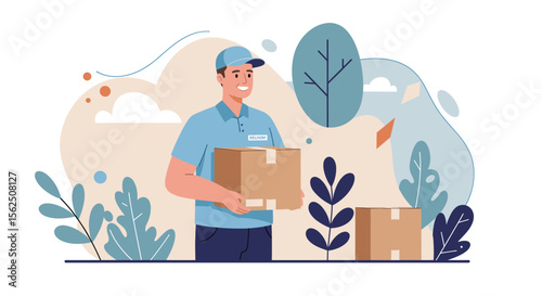 A delivery person, clad in a blue uniform and cap, is holding a brown box, presumably ready to transport it. Suitable for landing page, banner, marketing, web design, presentation, infographic, etc.