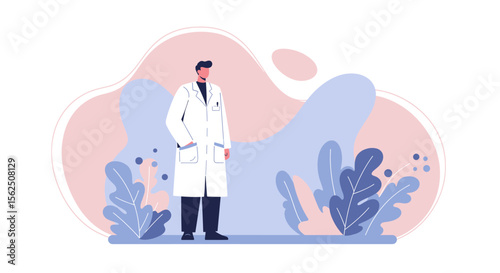 A male doctor in a white coat is standing against a soft background with pastel-colored shapes and plants, conveying a sense of calm and medical professionalism.