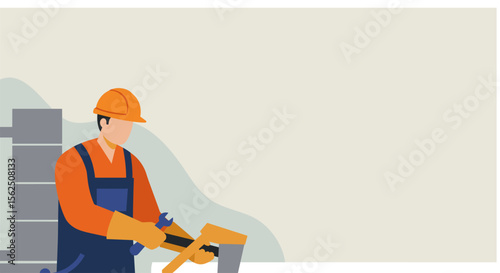 a construction worker wearing a hard hat and safety gear, holding tools and standing in front of a building. Suitable for landing page, banner, marketing, web design, presentation, infographic, etc.