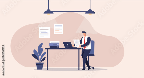 A businessman in a suit reviews documents while working at his desk in a modern office setting, with a laptop, printer, and potted plant nearby.