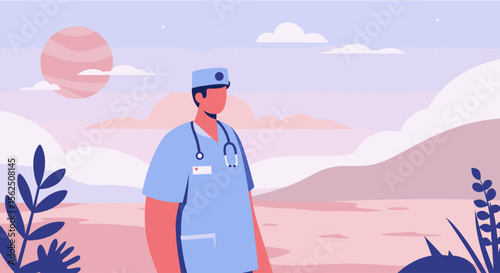A healthcare professional stands in a serene landscape, rendered in a flat design illustration, representing medical care and well-being with a tranquil backdrop.