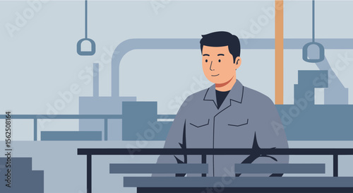 Flat design illustration of a worker in a factory setting, ideal for industrial business presentations, marketing banners, and landing pages.