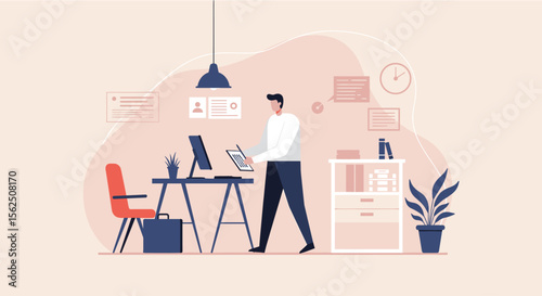 a man standing in an office environment, surrounded by various office items and a computer setup. Suitable for landing page, banner, marketing, web design, presentation, infographic, etc.