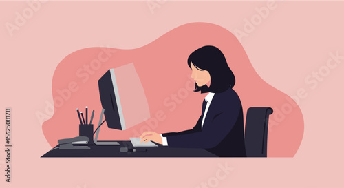 a woman in a business suit sitting at a desk, working on a computer with a keyboard and mouse in front of her. Suitable for landing page, banner, marketing, web design, presentation, infographic, etc.