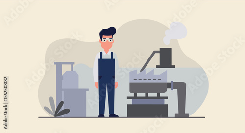 An illustrated factory worker stands confidently, overseeing industrial machinery in a flat design, showcasing a modern business and manufacturing concept on a neutral background.