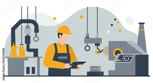 A factory worker in a yellow hard hat and overalls inspects machinery in a modern industrial plant, holding a tablet for quality control and production.