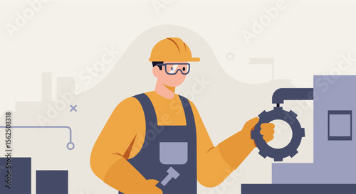 An illustration depicts a male engineer in a hard hat and safety glasses, holding a gear and wrench, working on industrial machinery.
