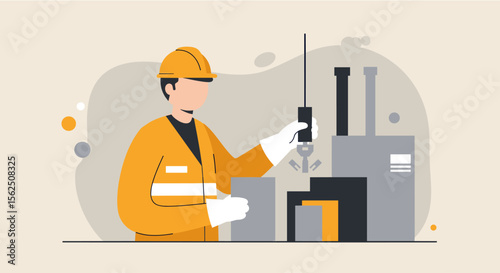 A male technician in a yellow uniform operates a control panel, overseeing industrial equipment and machinery in a facility.
