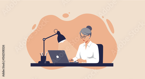 a woman sitting at a desk, working on a laptop with a lamp illuminating her workspace. Suitable for landing page, banner, marketing, web design, presentation, infographic, etc.