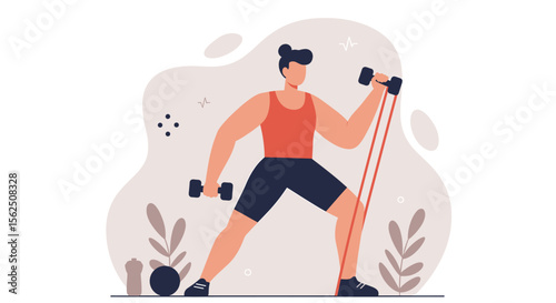 a person exercising with dumbbells, surrounded by plants and a sports ball. Suitable for landing page, banner, marketing, web design, presentation, infographic, etc.