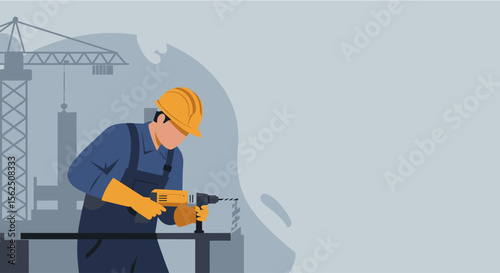 Skilled construction worker in hard hat and safety gloves uses a drill on a metal beam at a building site with cranes.