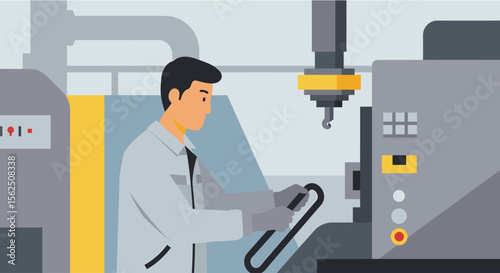 a man operating a machine in a factory setting, with various control panels and machinery in the background. Suitable for landing page, banner, marketing, web design, presentation, infographic, etc.