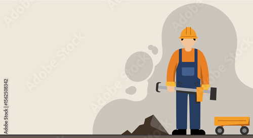 Construction worker in uniform holding a sledgehammer, ready for demolition or heavy labor on a building site.