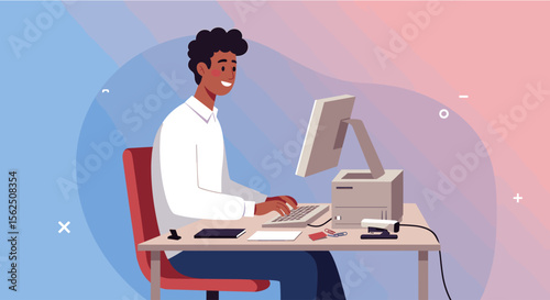 a man sitting at a desk, working on a computer with a printer and other office supplies in front of him. Suitable for landing page, banner, marketing, web design, presentation, infographic, etc.