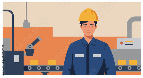 A confident male factory worker wearing a hard hat and uniform stands in a modern industrial production facility with automated machinery.