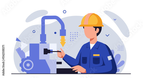 An illustrated engineer in a blue uniform and yellow hard hat operates industrial machinery, focusing on precision and manufacturing in a modern workplace setting.