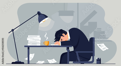 A frustrated businessman sits at his desk with his head in his hands, overwhelmed by paperwork and deadlines, ideal for landing pages and marketing materials.