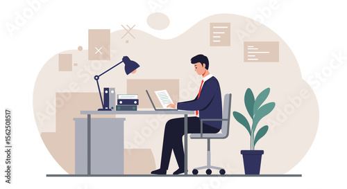 A man dressed in a suit is seated at a desk, working on a laptop with a document open in front of him. Suitable for landing page, banner, marketing, web design, presentation, infographic, etc.