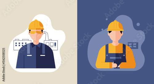 The image presents two stylized illustrations of a construction worker. Suitable for landing page, banner, marketing, web design, presentation, infographic, etc.