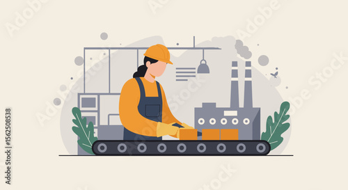 a worker in a factory setting, wearing a hard hat and safety gear, operating a conveyor belt with boxes. Suitable for landing page, banner, marketing, web design, presentation, infographic, etc.