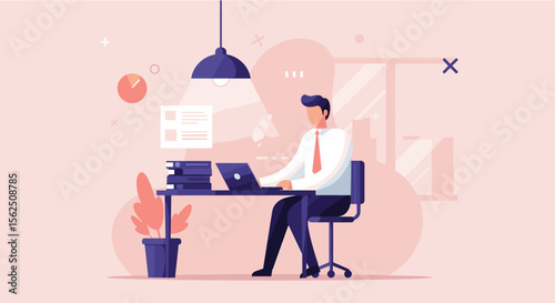 An illustrated man sits at a desk, working on a laptop under a warm light, with a window and a plant in a modern, clean office setting.