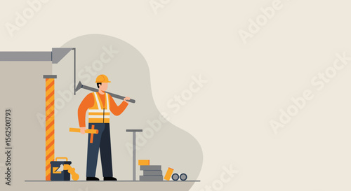 A flat design illustration depicts a male construction worker in a hard hat and safety vest, holding a sledgehammer on a job site, suitable for business presentations.
