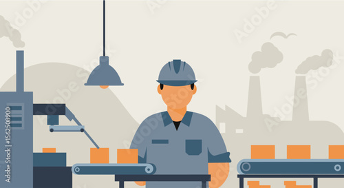 Illustration depicting a factory worker in a blue uniform overseeing the automated production line with boxes moving along the conveyor belt, set against an industrial backdrop.
