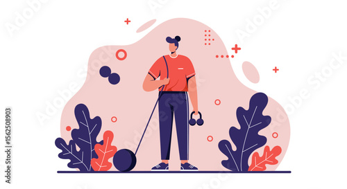 A modern flat illustration shows a fit person performing strength training exercises with weights amidst stylized organic shapes and foliage, promoting a healthy lifestyle.