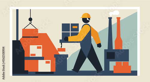 An illustration of a worker in a factory setting, symbolizing industrial production, manufacturing, and supply chain logistics.