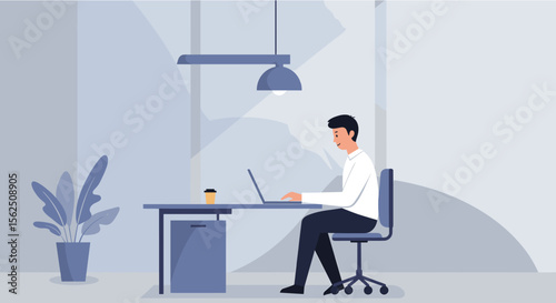 A man is seated at a desk, focused on working on a laptop, with a cup of coffee placed in front of him. Suitable for landing page, banner, marketing, web design, presentation, infographic, etc.
