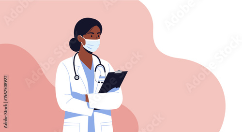 A female doctor of color wearing a face mask and a lab coat stands confidently, holding a clipboard against a soft pink background, ready to assist patients.
