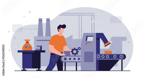 A vector illustration depicts a man operating a machine on a conveyor belt, with a bag of money nearby, representing manufacturing or industrial processes.