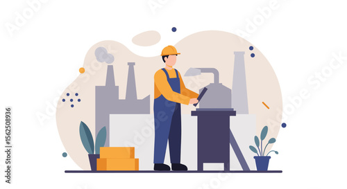 Skilled factory worker in hard hat and overalls operates machinery in a modern industrial plant setting with clean design elements.