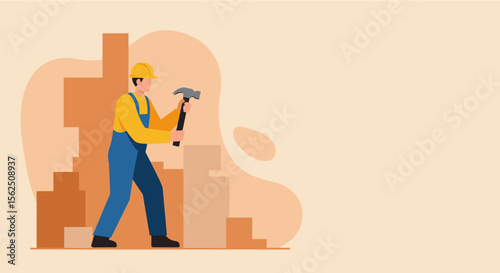 A dedicated male construction worker, dressed in protective gear and holding a hammer, stands ready to build against an abstract architectural background with copy space.