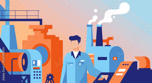 Modern flat design illustration of a factory worker overseeing industrial machinery and production processes in a clean, stylized environment.