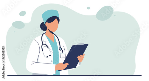 A professional female doctor in a white coat and scrub cap holds a clipboard, depicted in a modern flat illustration style against an abstract background.