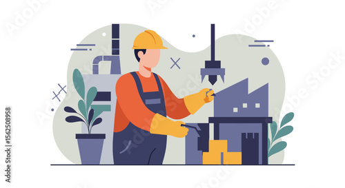 A male factory worker in overalls and a hardhat operates a robotic arm in a modern industrial facility, surrounded by machinery and potted plants, showcasing automation and manufacturing processes.